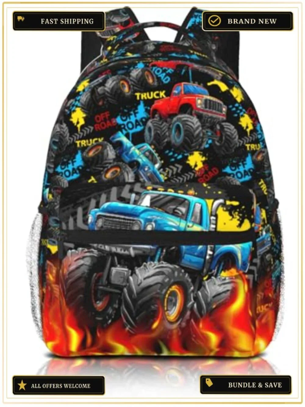 Kids Backpack Cool Truck Boys School Bookbag Water Resistant Polyester